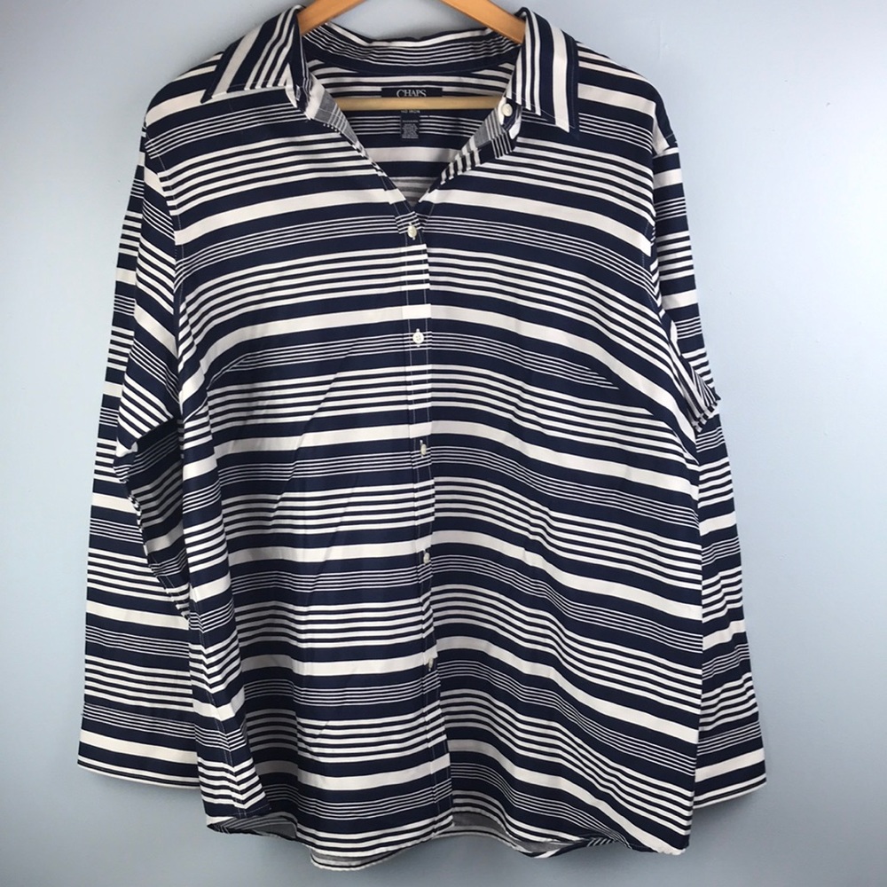 3/$18 Chaps No Iron Navy White Striped 2X Button Down Blouse